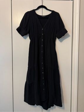 Madewell Black Button-Front Midi Dress - Cotton Gauze